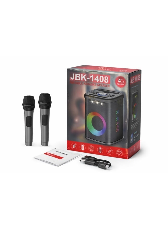 جي بي كيه سماعة كاريوكي محمولة JBK-1408 مع ميكروفونين لاسلكيين – إضاءة RGB – بلوتوث – قابلة للشحن - Image 4